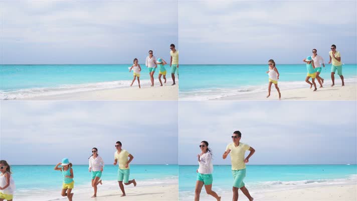 一家人海边奔跑，家庭海边大海沙滩度假