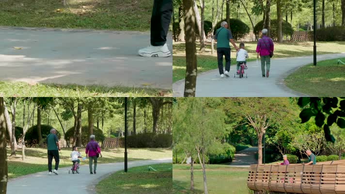 原创慢动作老人带着小孩在公园玩耍镜头一组