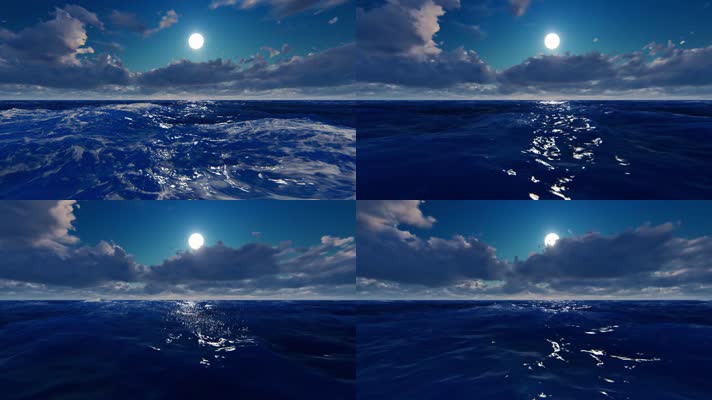 月光海洋大海海浪，3d动画