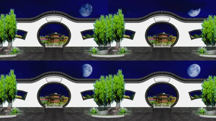 古代月亮门庭院循环夜景