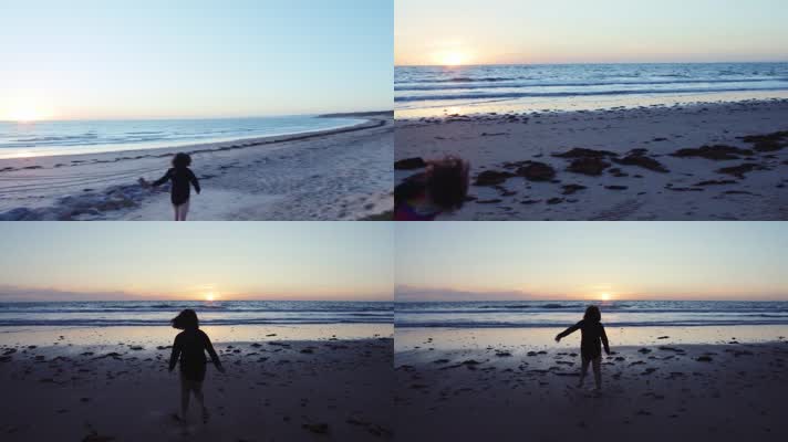 小孩沙滩奔跑，儿童海边度假踏浪