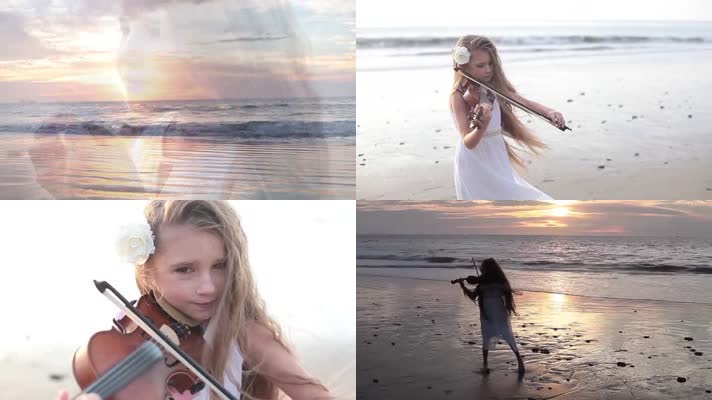可爱小女孩，海边拉小提琴