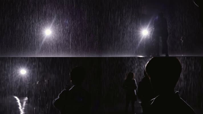 人造雨雨景，雨中剪影，雨中行人