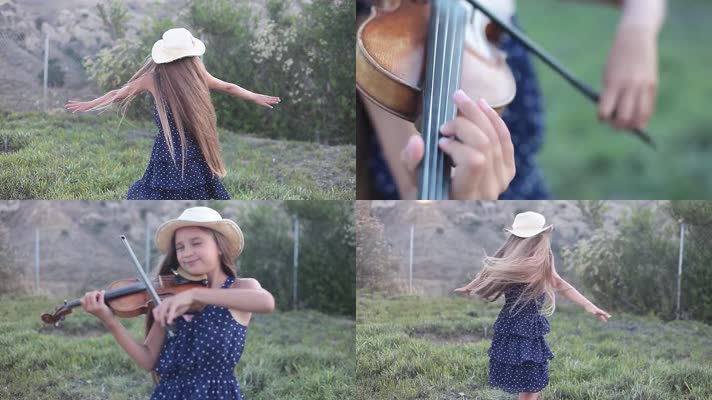 可爱女孩，户外拉小提琴