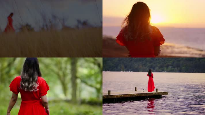 红衣少女，拥抱自然，美女女人行走背影奔跑