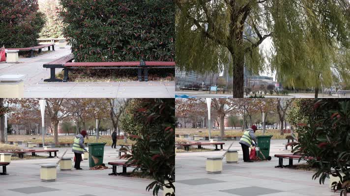 深秋的公园广场空地清扫落叶的环卫工人