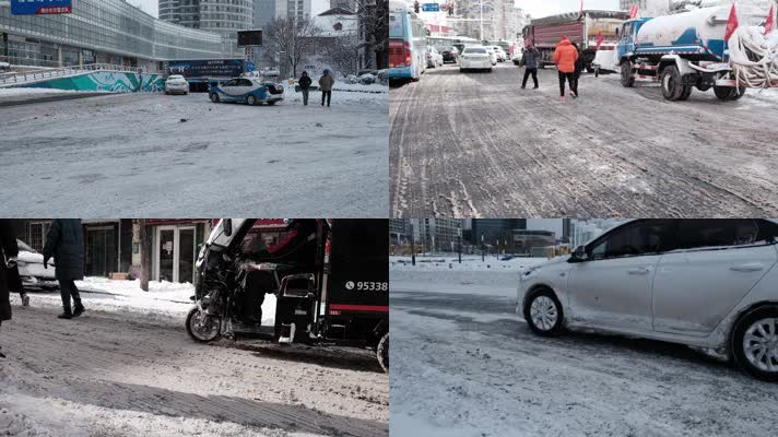 寒潮天气城市遭遇暴雪后的道路交通实拍