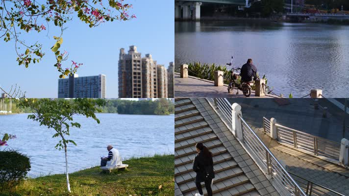 城市生活公园湖边河边人们行走4k
