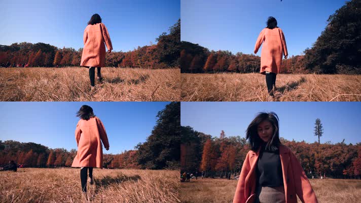 女孩在秋天枯黄的草地上行走4k