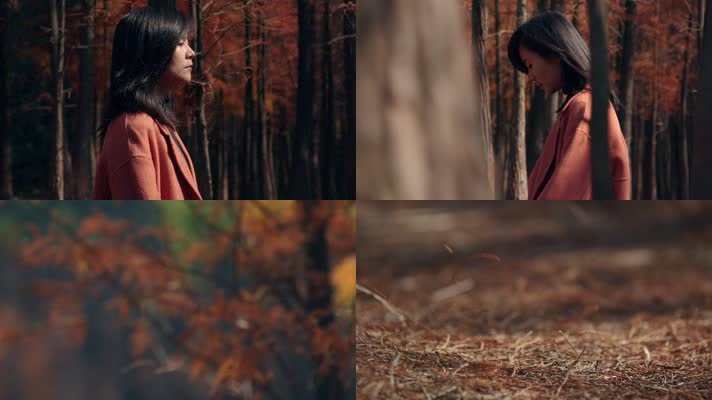 女孩在秋天树林行走慢镜头