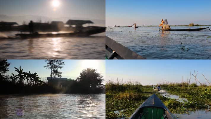 缅甸唯美湖泊，夕阳渔船，渔歌晚唱