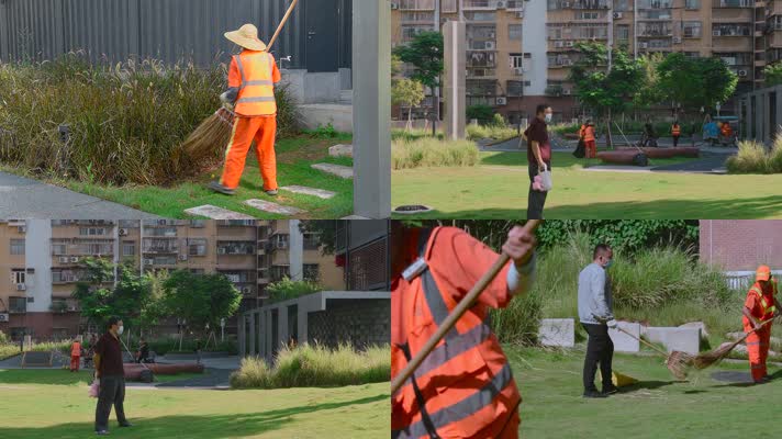 城市建设深圳建设环卫工人清扫草地