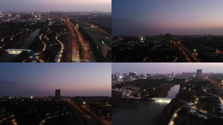 上海浦东临港新区航拍城市公园夜景