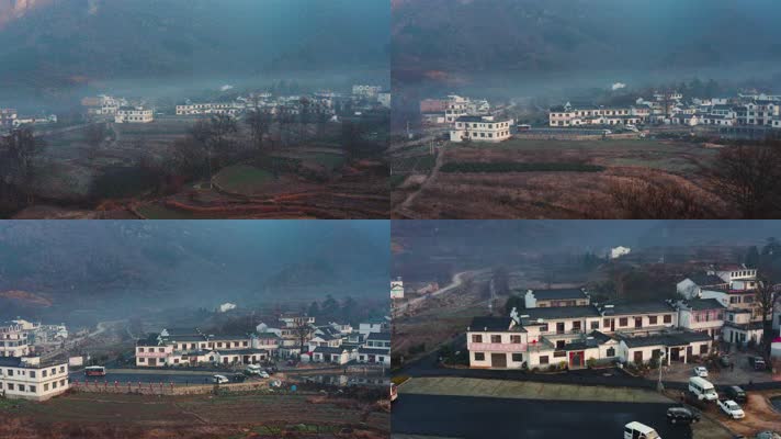 4k过年回家冬季清晨薄雾里的村庄