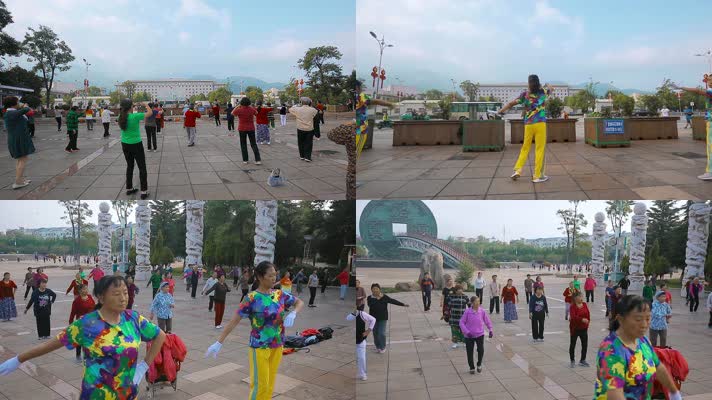 云南会泽面对着市政府跳广场舞的妇女