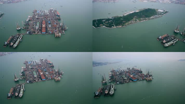 航拍深圳造船厂大海上小岛一样的造船企业