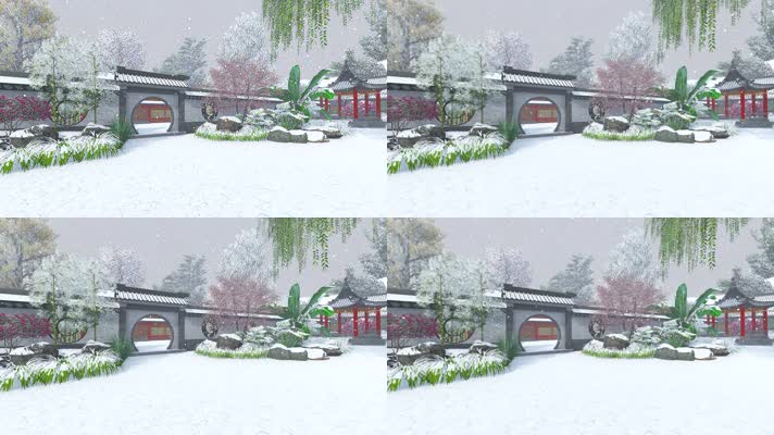 古代庭院花园三维动画雪景