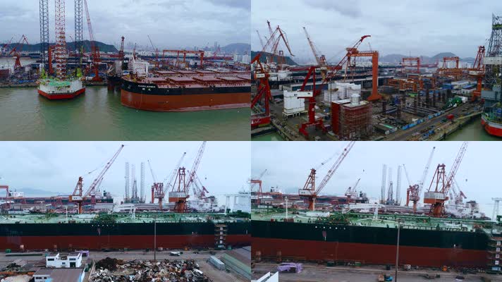 2.7k航拍深圳船厂停靠岸边等待维修的巨轮