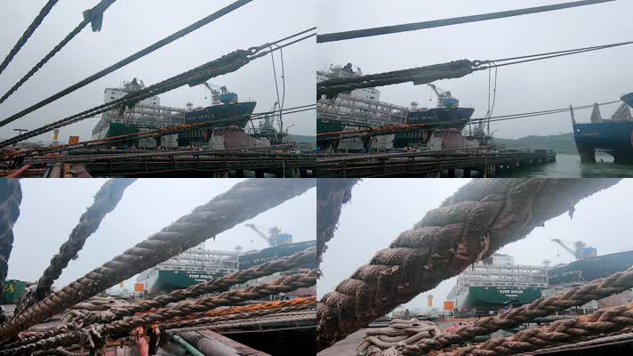 深圳造船厂固定巨轮的绳索特写