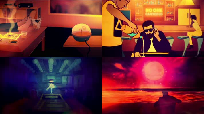 音乐背景，创意动画，色彩男人城市酒吧
