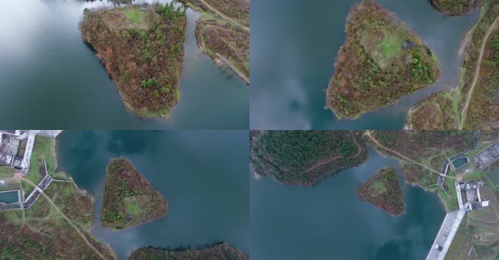 4k航拍蓝天下的水库堤坝湖心小岛