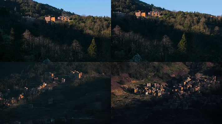 云南山区山脊上阳光里的黄色哈尼小村庄