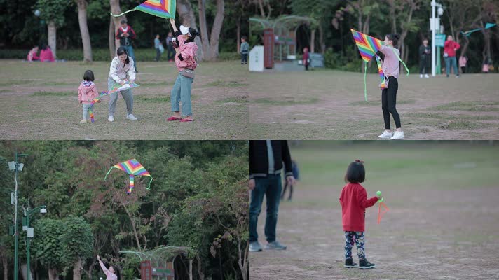 公园广场上放风筝的市民小孩妇女
