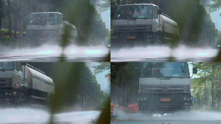 升格视频深圳城市街道冲洗地面环卫洒水车