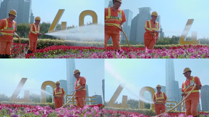 升格深圳改革开放40周年花坛环卫工鲜花浇水