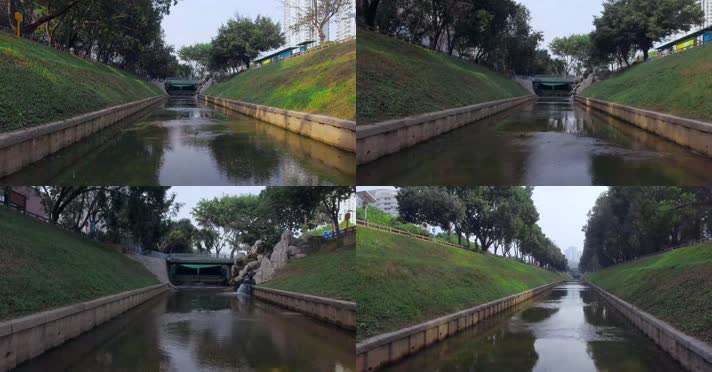 4k深圳新洲河笔直的河道清澈河水
