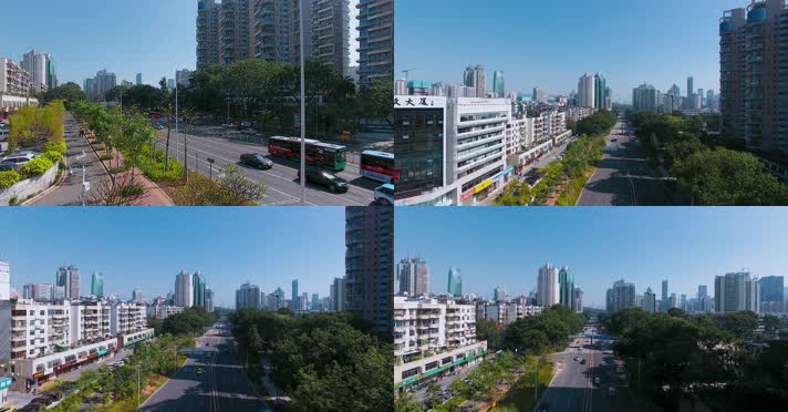 4k深圳笔直城市道路两边行道树公路高楼