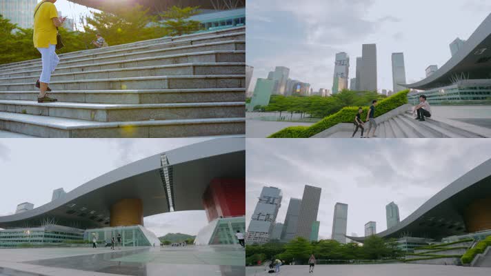 深圳市民中心广场视频逆光走上广场楼梯市民