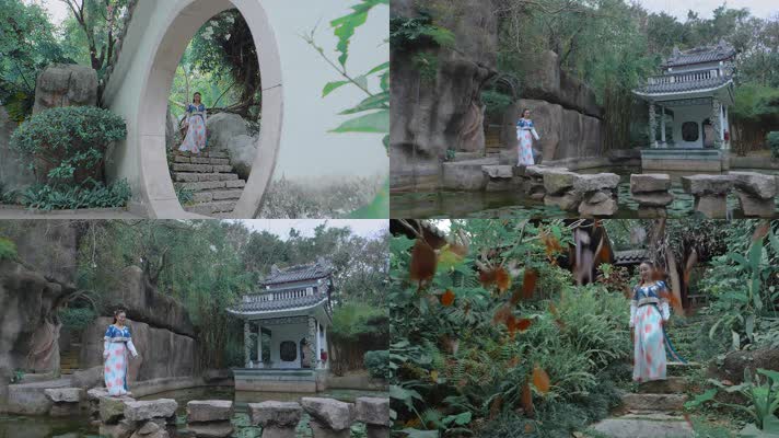 慢镜头古装美女视频中国风亭台月亮门石阶