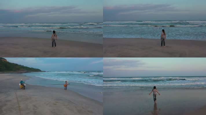 4k沙滩美女视频黄昏海边走在沙滩上的美女