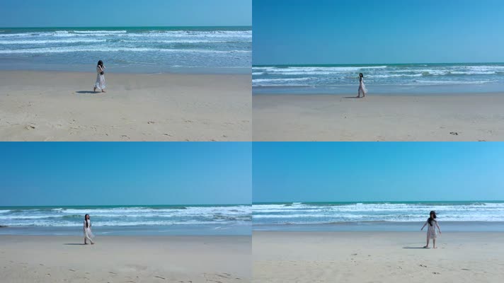 4k沙滩美女视频大海边走在白色沙滩上的美女