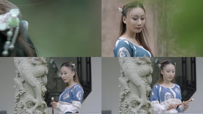 慢镜头古装美女视频中国风盘龙石柱拿笛子美