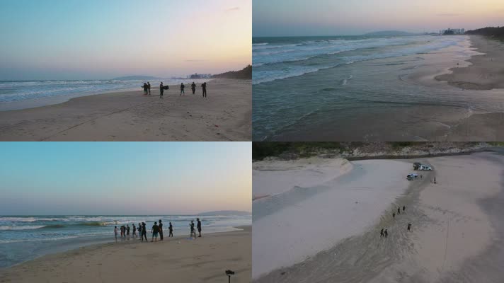 4k沙滩游客视频黄昏在海边的游客白色海浪