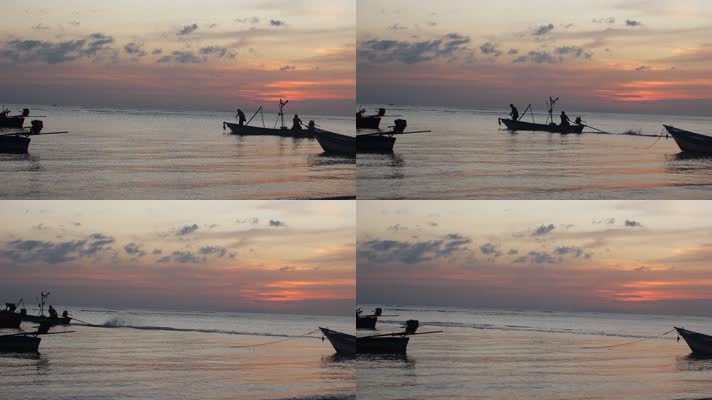 夕阳西下，夕阳渔船，渔歌晚唱，大海日落