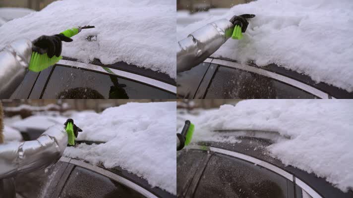 冬天汽车积雪，清理车顶积雪