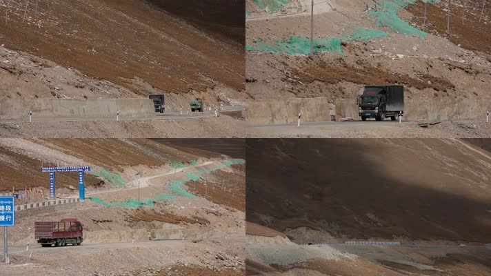 山路卡车视频西藏枯黄山路上跑运输大卡车