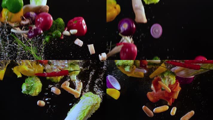 蔬菜漂洗视频慢镜头蔬菜飞起落入水中气泡