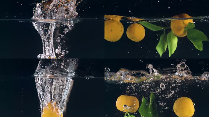 橙子视频慢镜头落入水中黄色橙子青绿叶子