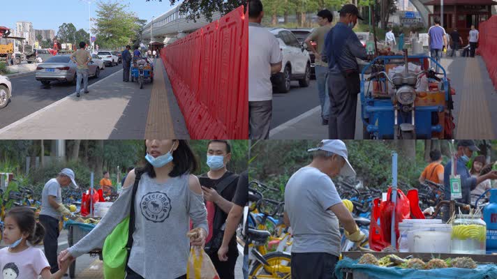 4k深圳街道视频人行道上的个体摊贩