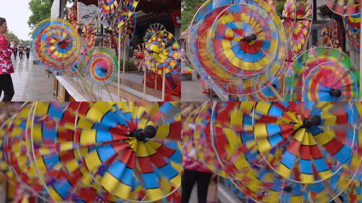 4k风车视频小摊贩出售的彩色玩具风车