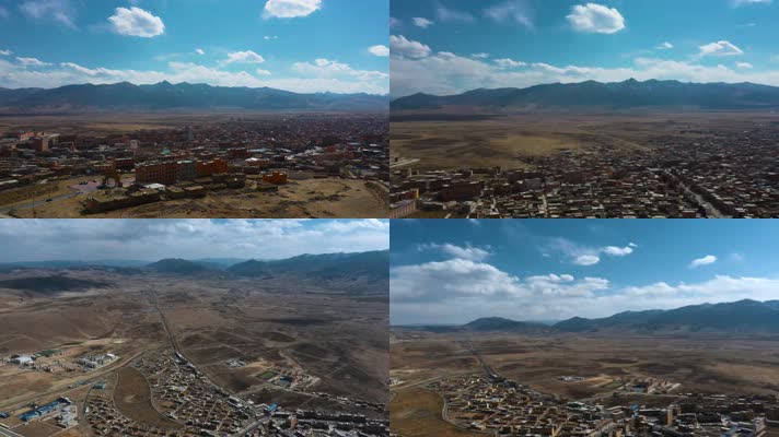 4k西藏风光视频蓝天白云下高原村镇