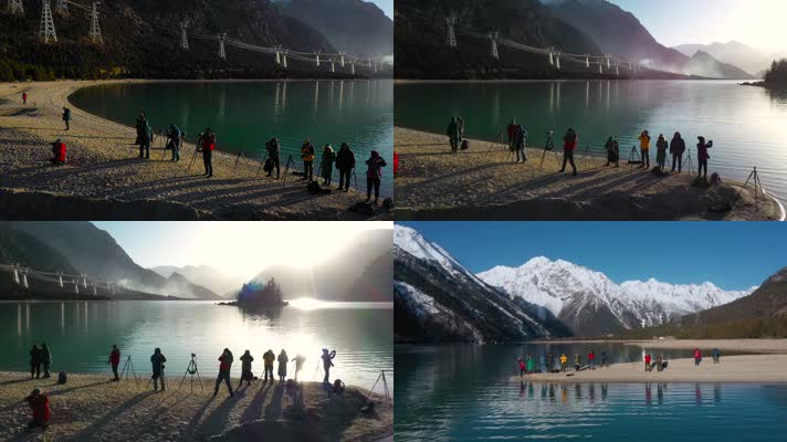 4k西藏风光视频高原湖泊日出一群摄影爱好者