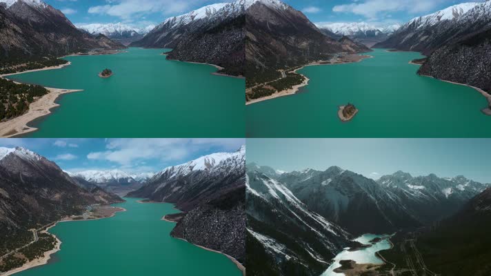 4k西藏风光视频高原湖泊绿色湖水湖心小岛