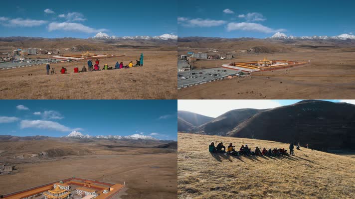 4k西藏风光视频金黄草地上寺庙摄影爱好者
