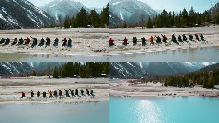 4k西藏风光视频雪山湖水畔一群摄影爱好者