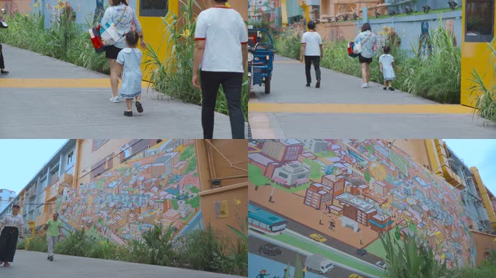 小街道行人视频涂鸦墙下安静走过行人小孩